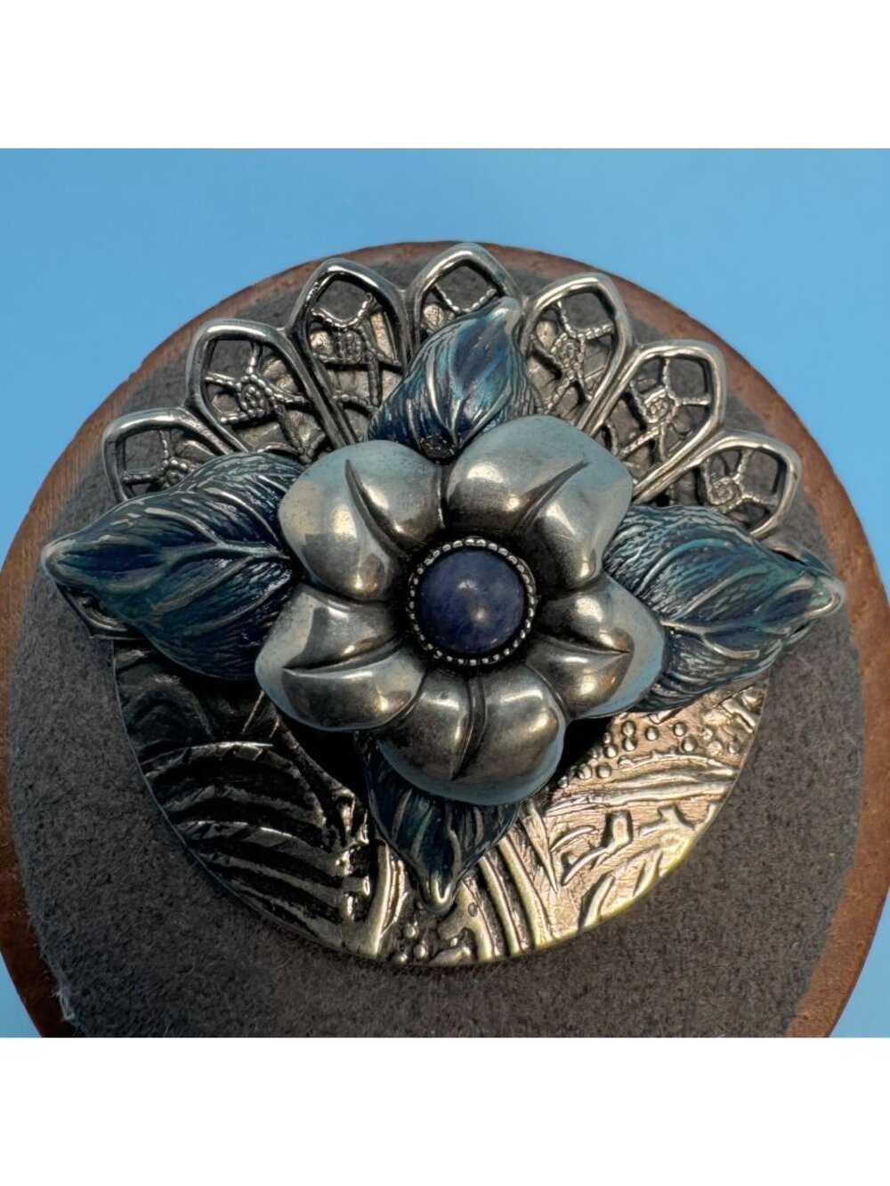 Blue Enamel Flower Leaf Design Brooch Vintage Silver Tone Size 1.25'' Length